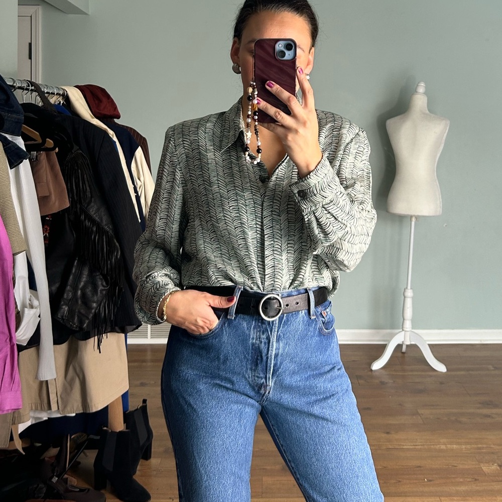 Vintage silk button down green and grey blouse